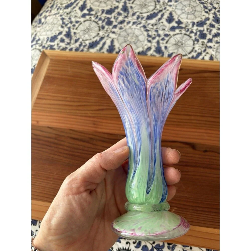 Unmarked Art Hand-blown Glass Bud Vase Swirl Pink Blue Green Glossy no chips